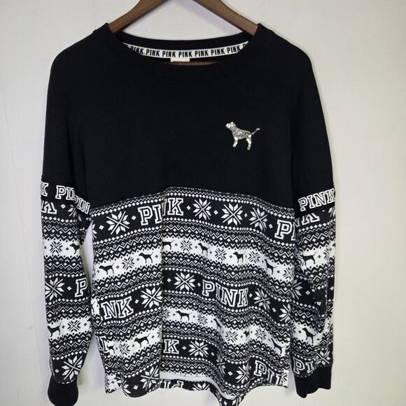 Victorias Secret Black And White Winter Pattern Sweatshirt Size Small - Picture 1 of 7